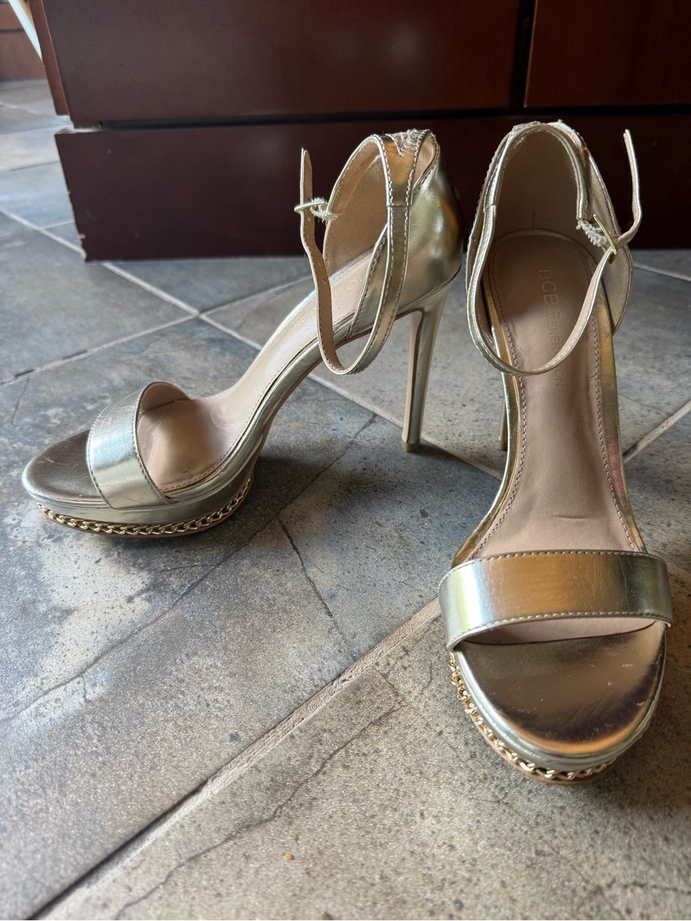 BCBG Metallic Gold Chain-Trim Ankle-Strap Stilettos